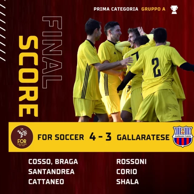 Domenica da sogno per la For: rimonta epica e Gallarate sconfitto. Nessuno fin qui era riuscito nell’impresa di battere la corazzata varesina, reduce da 11 vittorie e un pareggio in 12 partite: a farlo sono i ragazzi di mister Trunetti, che giocano un secondo tempo eroico e rimontano l’iniziale svantaggio siglando quattro reti in 15 minuti. Nel primo tempo i padroni di casa provano a dare del filo da torcere alla capolista, ma davanti manca cattiveria e le palle-gol scarseggiano. Ne approfittano gli ospiti, che sbloccano la gara poco prima della mezz’ora: punizione dalla trequarti, trattenuta in area di Brumana su Gaballo e calcio di rigore. Dagli 11 metri Rossoni spiazza Thorn. Gallarate che amministra il vantaggio e raddoppia sul finire del primo tempo: la punizione di Corio da posizione defilata si impenna e prende una traiettoria che beffa anche il numero uno della For. Dagli spogliatoi esce tutta un’altra squadra: gli uomini in giallo spingono fin da subito per rendersi pericolosi. Al 58’ gli sforzi vengono ripagati: Cattaneo serve un pallone illuminante per Braga, il tiro strozzato del numero undici diventa poi un assist per il tap-in di Cosso che accorcia le distanze. Passano 5 minuti e Braga lascia partire un missile terra-aria dal limite che si infila nel sette: è 2-2. Quattro minuti dopo, ecco il gol del sorpasso: schema su punizione, Cosso allarga sulla sinistra per Santandrea, poi palla in mezzo, serie di deviazioni e rete che si gonfia di nuovo. In contropiede c’è spazio anche per il 4-2: pallone sulla sinistra ancora per Santandrea, cross a rimorchio per Cattaneo che, tutto solo, cala il poker. Gallarate stordito: gli ospiti si gettano in avanti e poco dopo riescono a trovare il 4-3 con Shala, bravo a mettere dentro una palla sporca rimasta in area. Partita infinita, sei minuti di recupero e sofferenza finale: al 94’ corner e occasione d’oro sulla testa di Gaballo, con il pallone che esce di pochissimo. Sospiro di sollievo, triplice fischio e festa grande: si rientra in zona playoff con 22 punti, ma soprattutto si allunga a +10 sui playout. Distacco che dovremo cercare di incrementare domenica, quando i ragazzi saranno impegnati sul campo di un’Ars